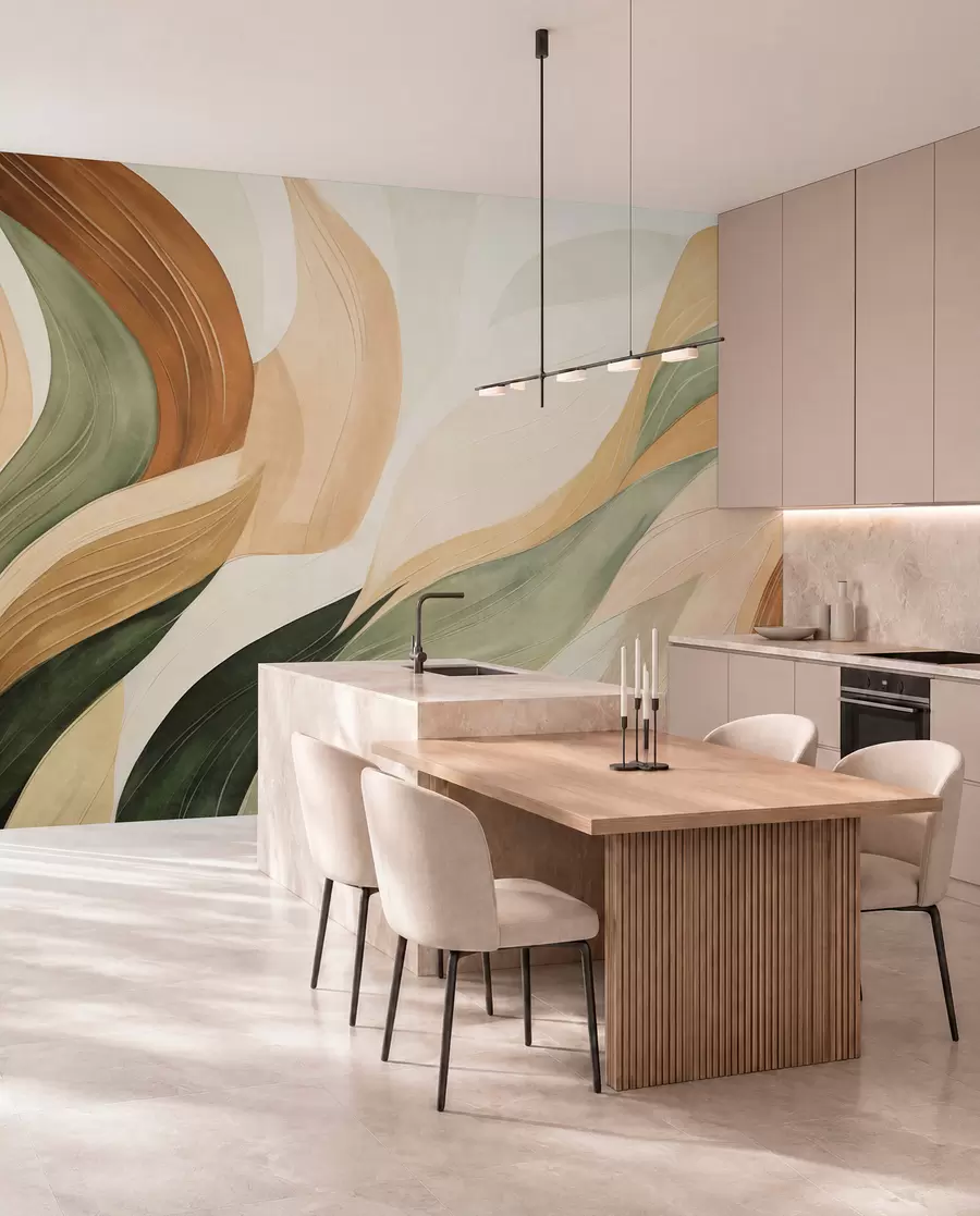 wall murals Апстрактни органски облици у земљаним тоновима зелене, браон и беж боје са текућим текстурама w09894