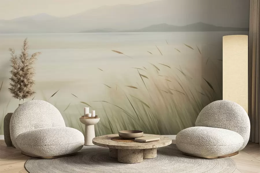 wall murals Трава поред језера са планинама у позадини w05668