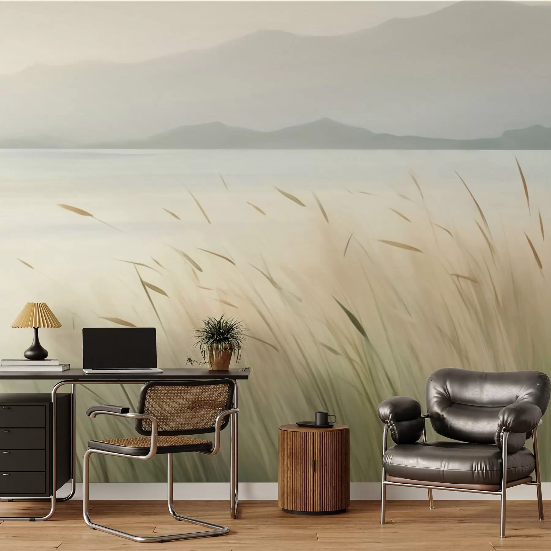 wall murals Трава поред језера са планинама у позадини w05668