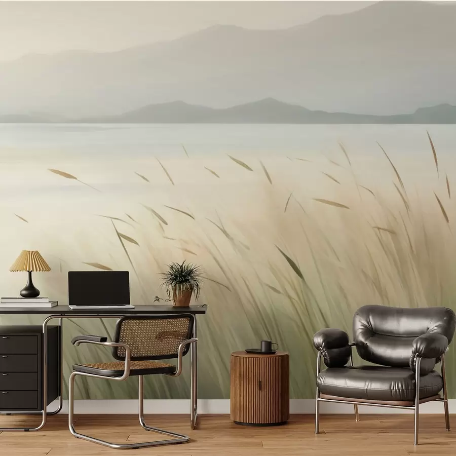 wall murals Трава поред језера са планинама у позадини w05668