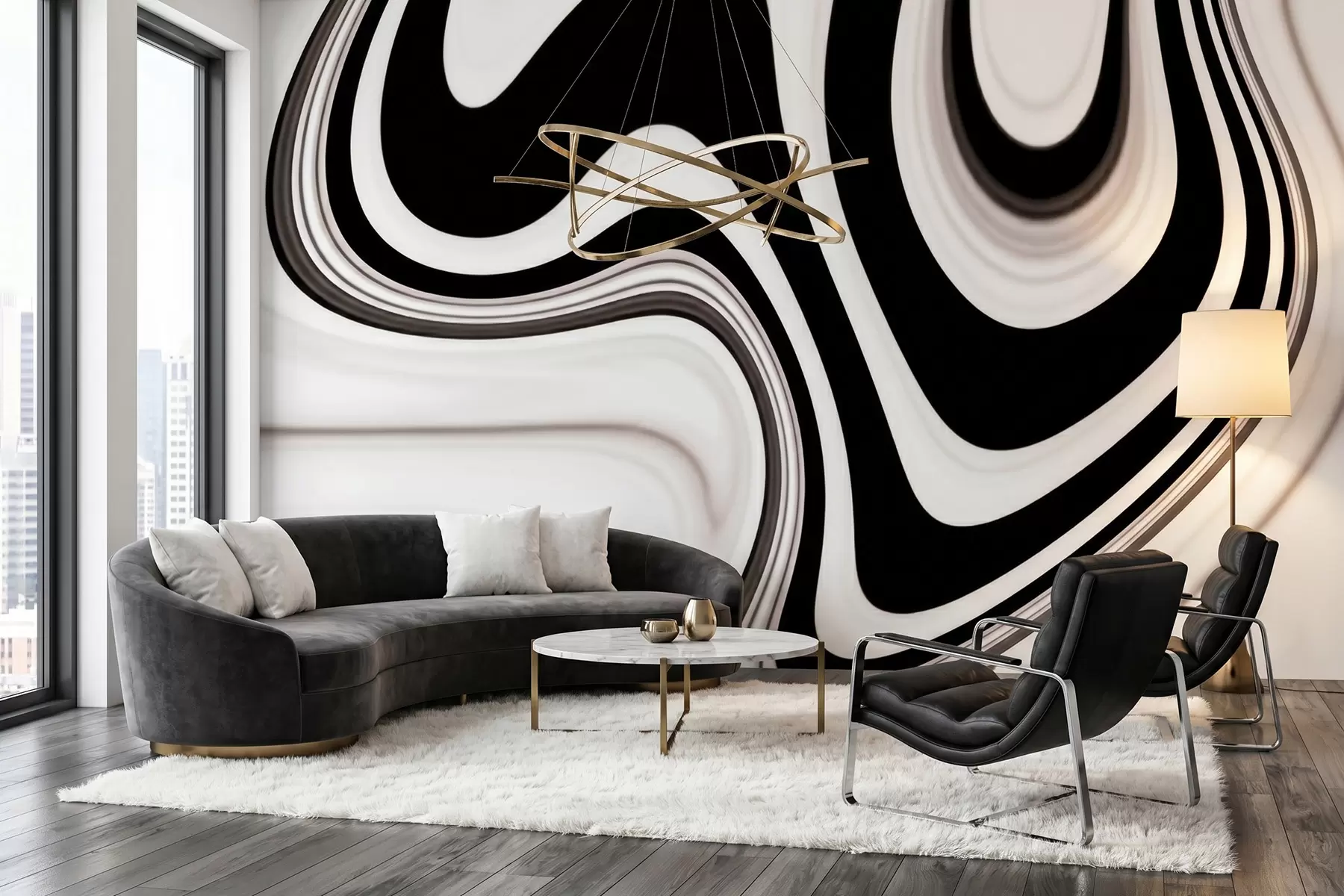 wall murals Апстрактни зидни мурал са текућим црно-белим таласима у модерном минималистичком стилу w09877