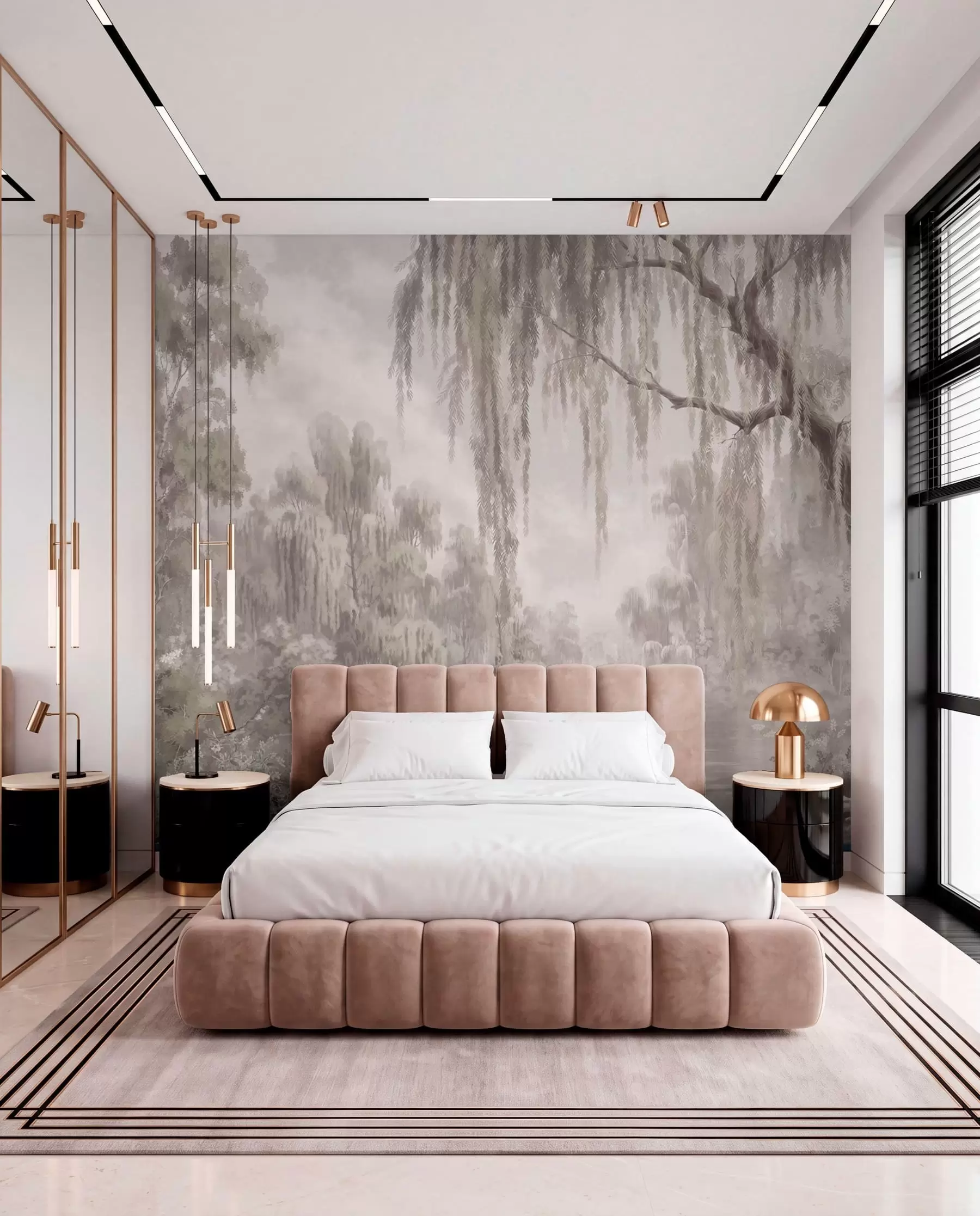 wall murals Монохромна сцена са врбама изнад мирне воде w05631