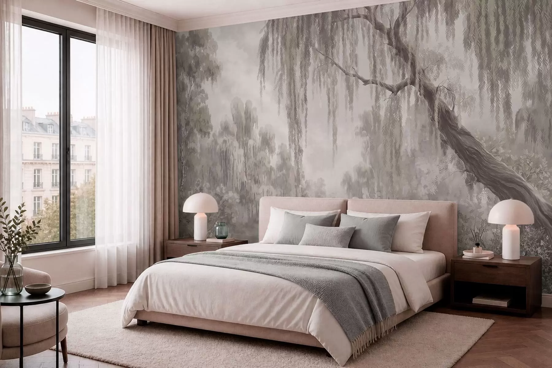 wall murals Монохромна сцена са врбама изнад мирне воде w05631