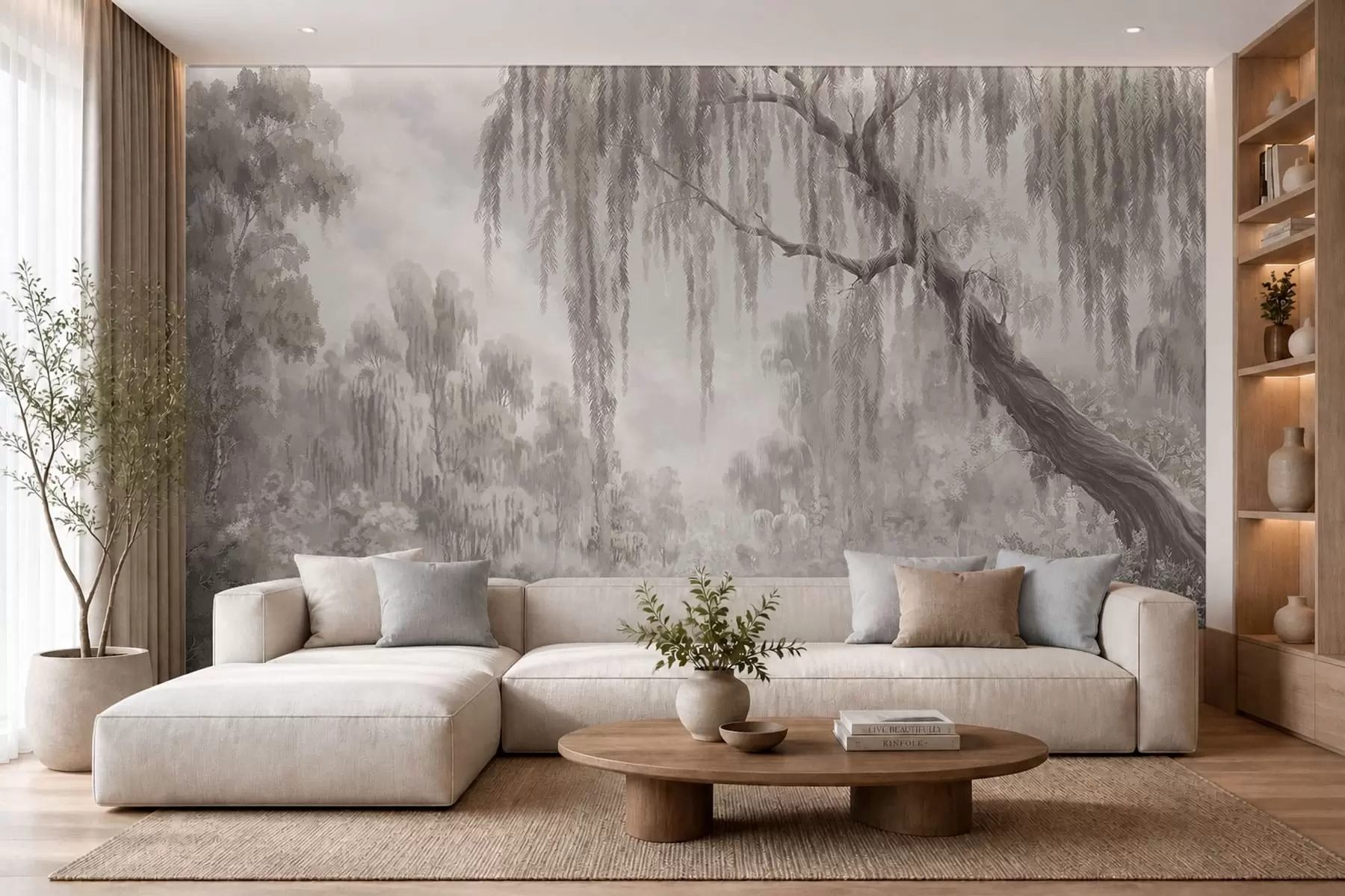 wall murals Монохромна сцена са врбама изнад мирне воде w05631
