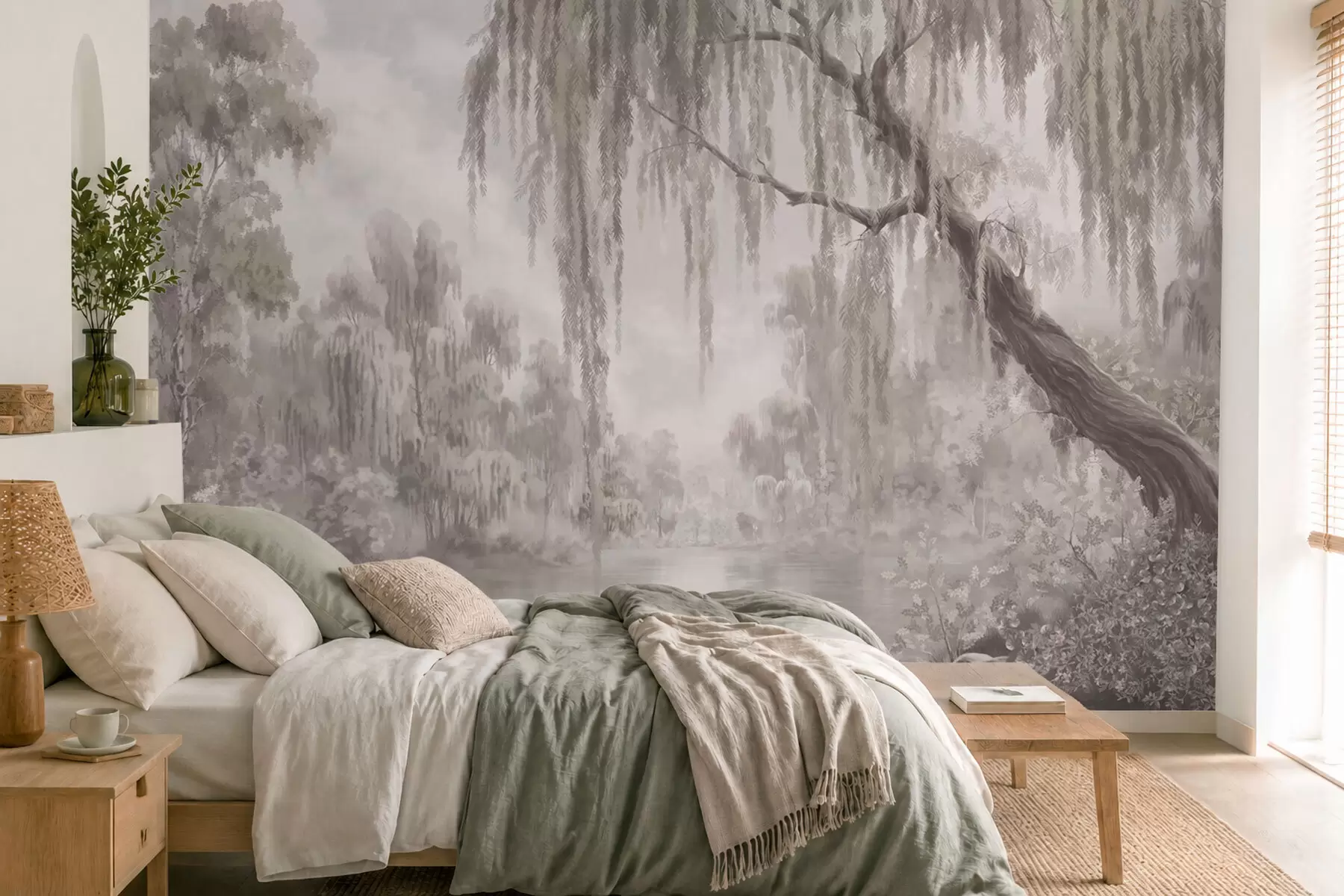 wall murals Монохромна сцена са врбама изнад мирне воде w05631