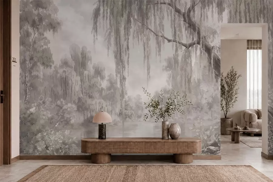 wall murals Монохромна сцена са врбама изнад мирне воде w05631
