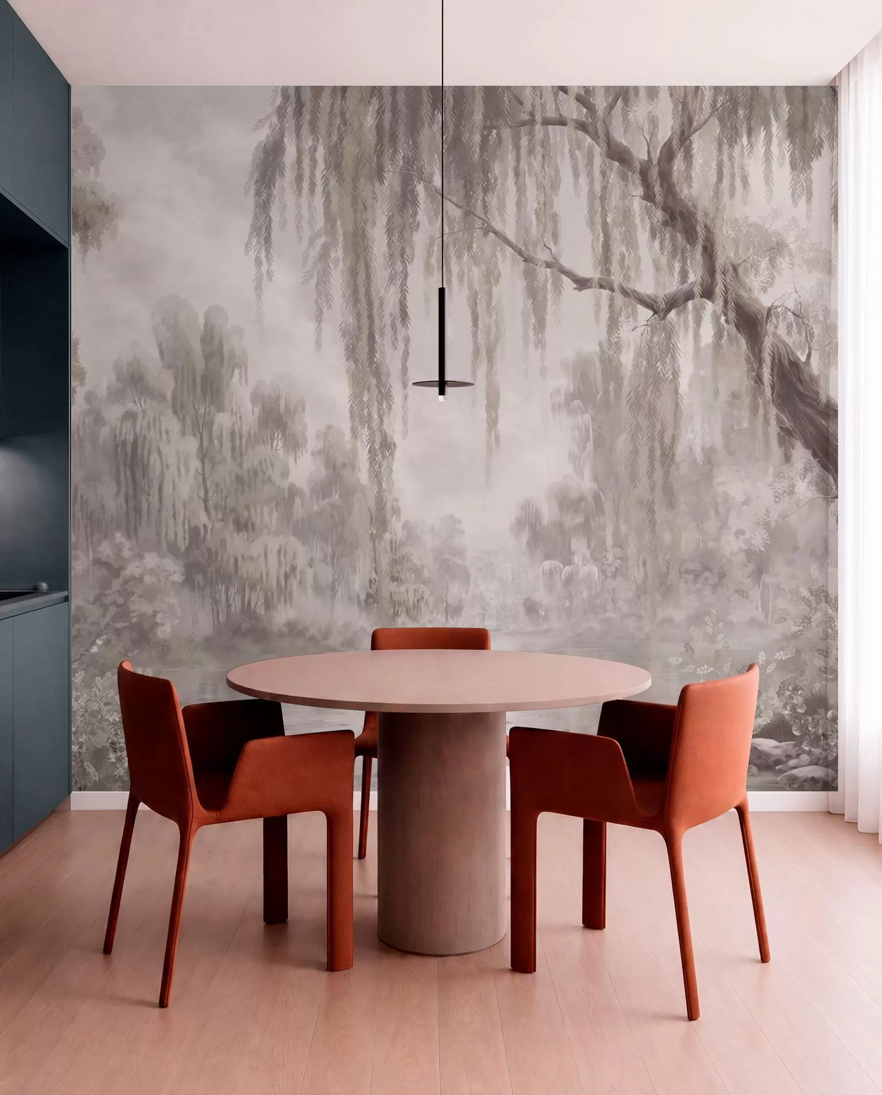 wall murals Монохромна сцена са врбама изнад мирне воде w05631