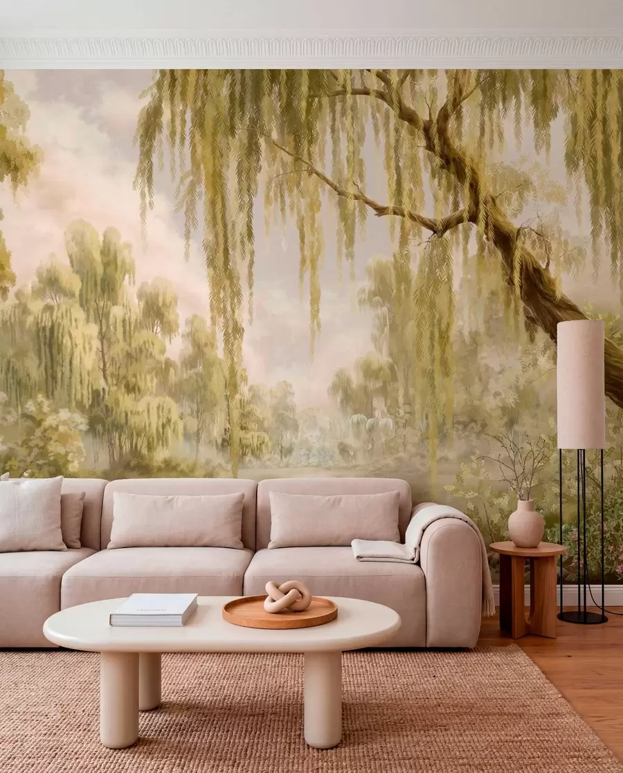 wall murals Сунцем обасјан призор са врбама поред мирног језера w05631v1