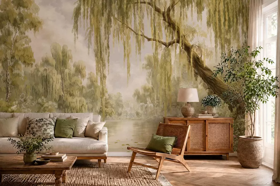 wall murals Сунцем обасјан призор са врбама поред мирног језера w05631v1