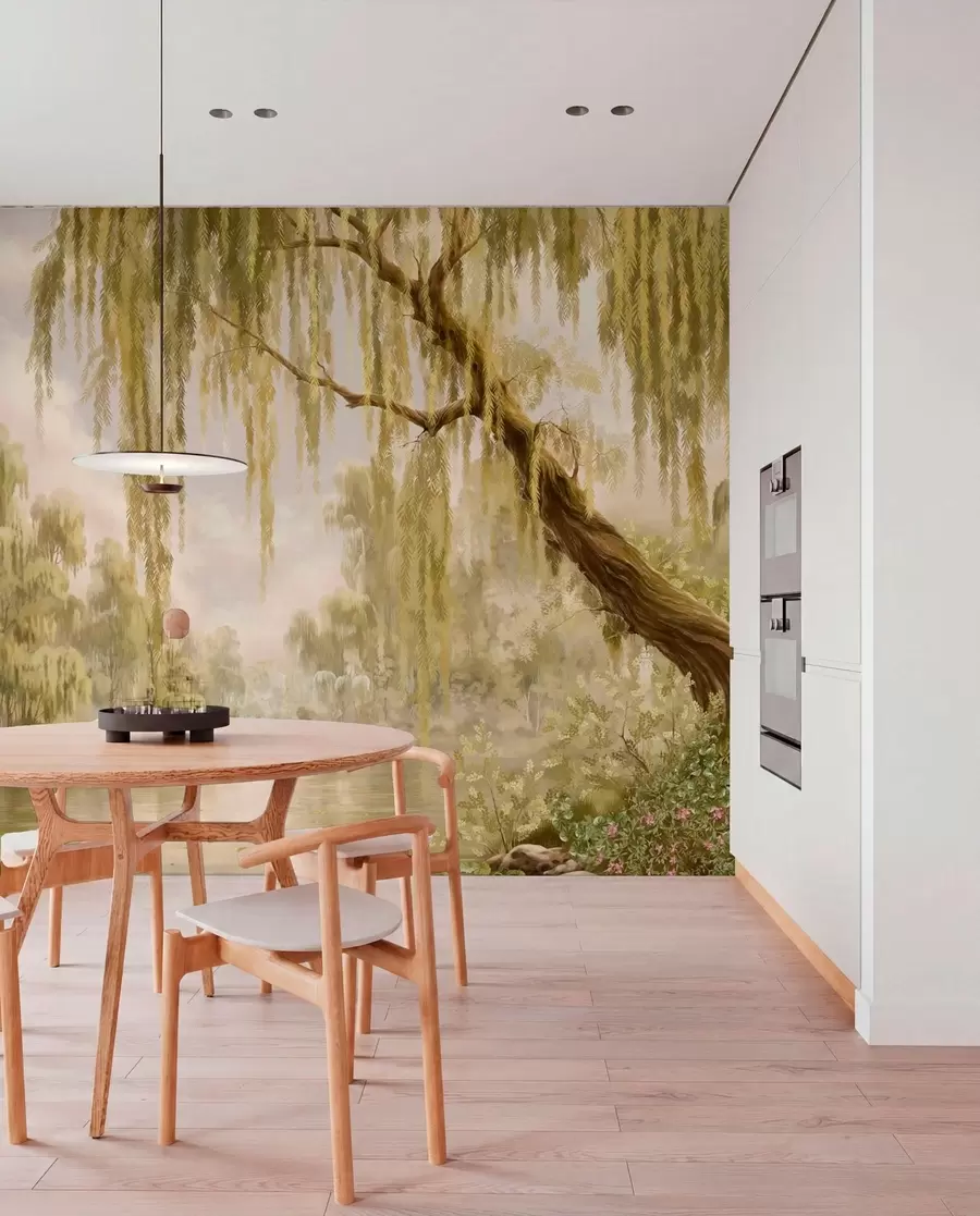 wall murals Сунцем обасјан призор са врбама поред мирног језера w05631v1