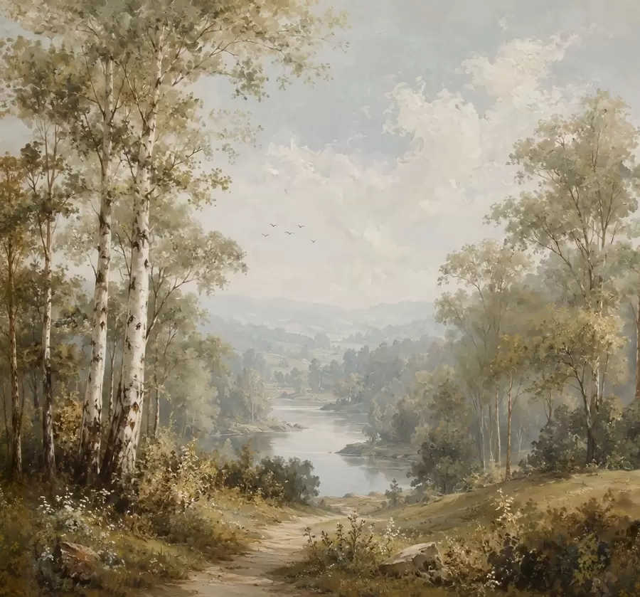 wall murals Светли речни пејзаж са брезама и облацима w05685