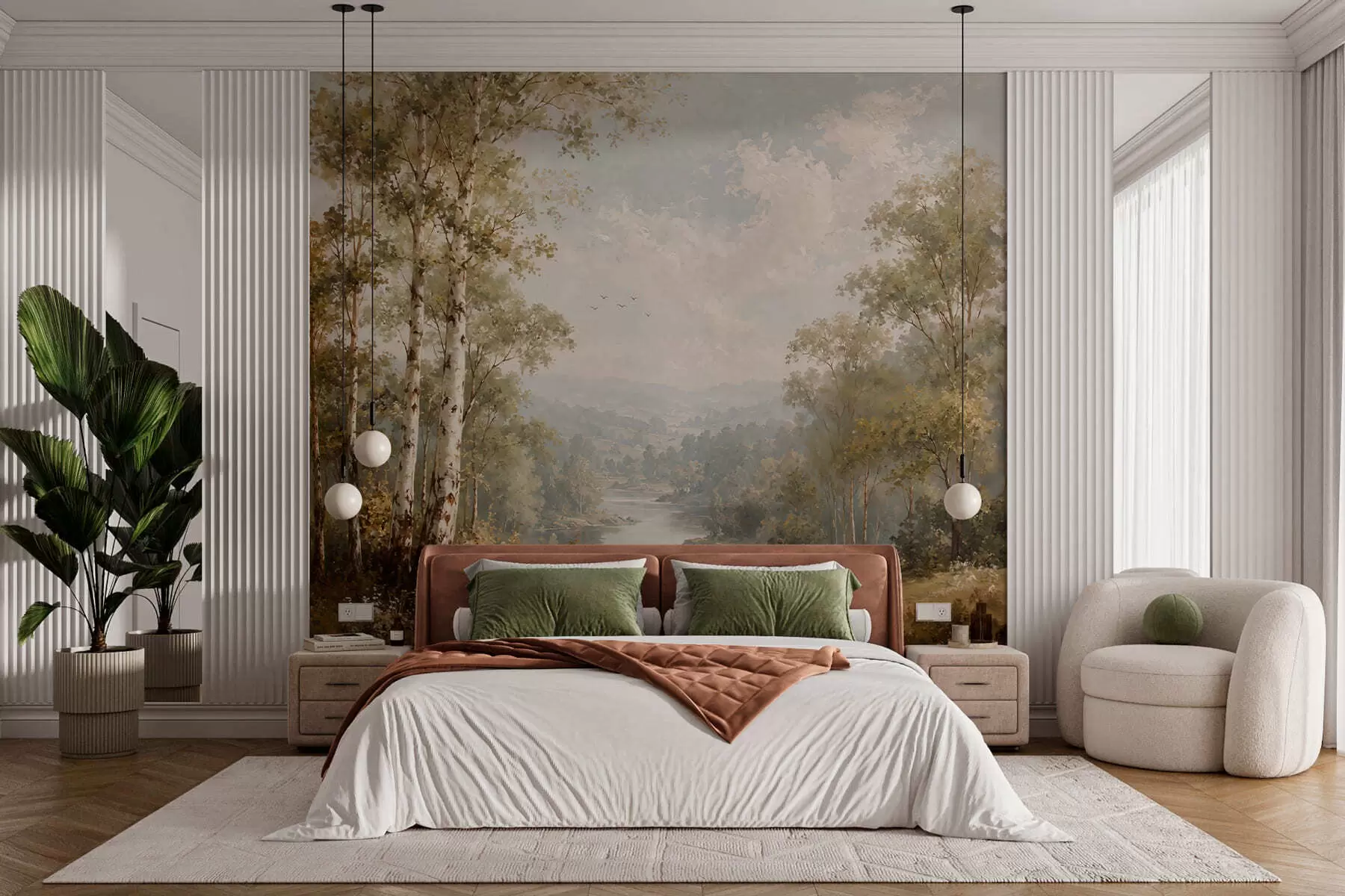 wall murals Светли речни пејзаж са брезама и облацима w05685