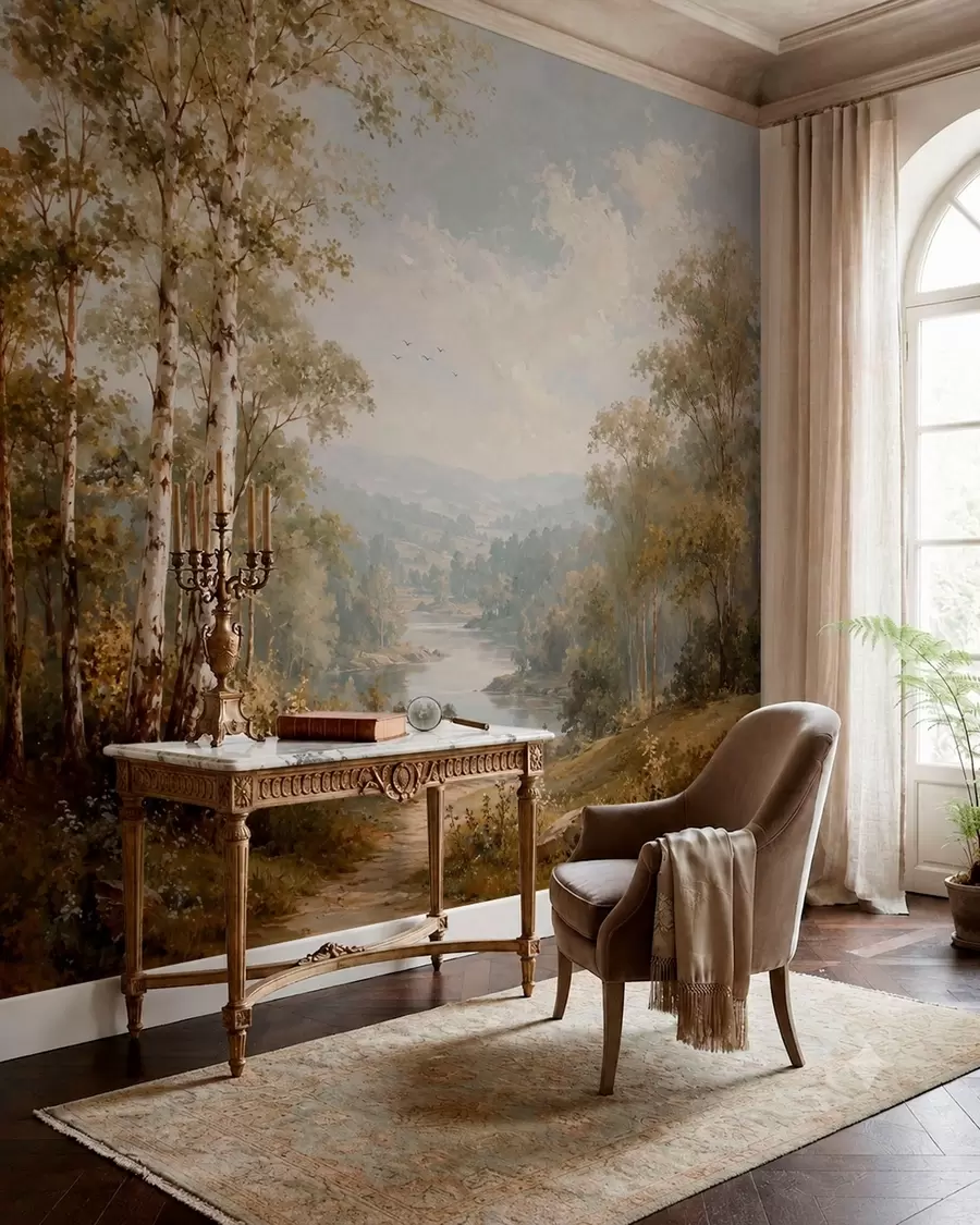 wall murals Светли речни пејзаж са брезама и облацима w05685