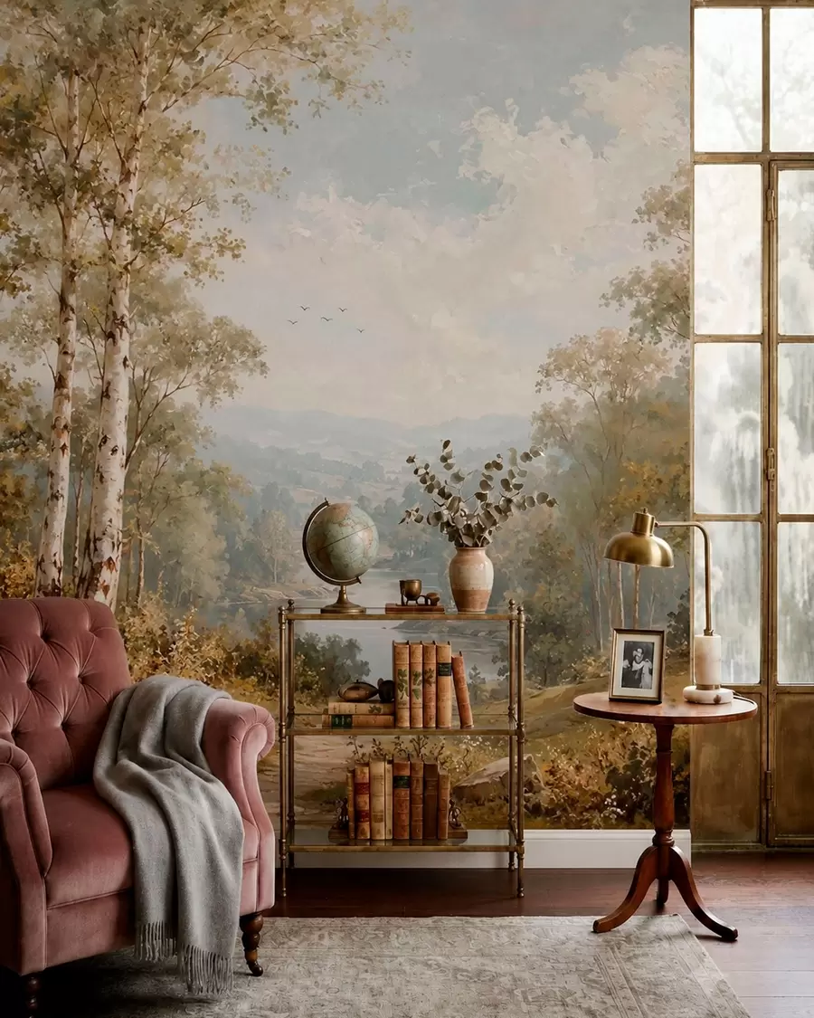 wall murals Светли речни пејзаж са брезама и облацима w05685