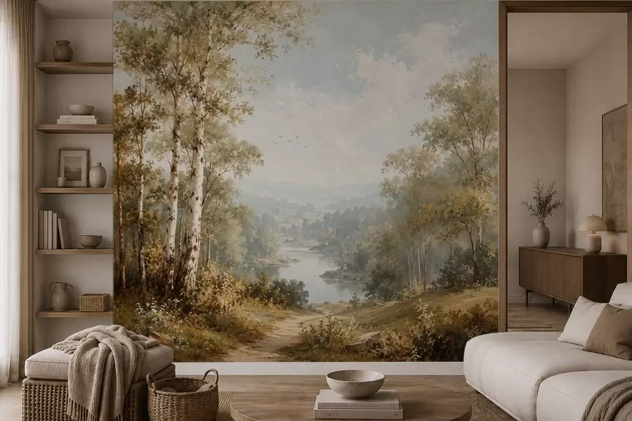 wall murals Светли речни пејзаж са брезама и облацима w05685