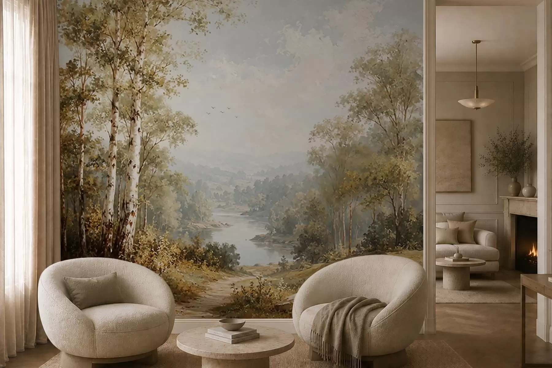 wall murals Светли речни пејзаж са брезама и облацима w05685
