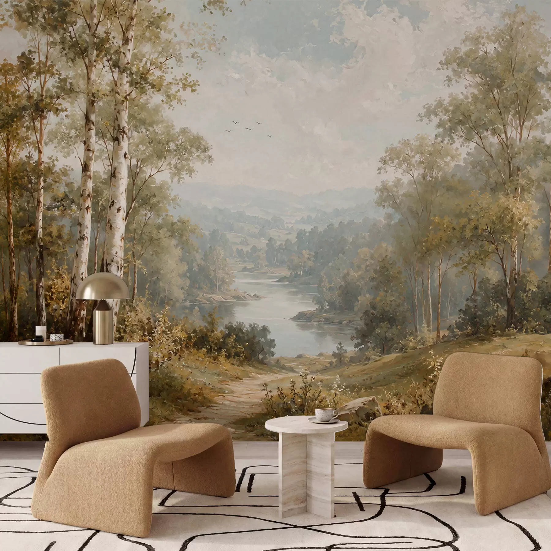 wall murals Светли речни пејзаж са брезама и облацима w05685