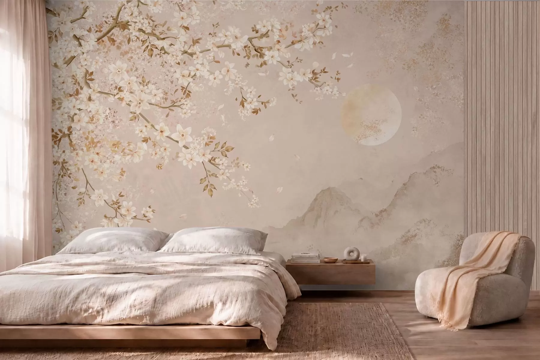 wall murals Светло цветајућа грана изнад магловитих планина и сунца w05695