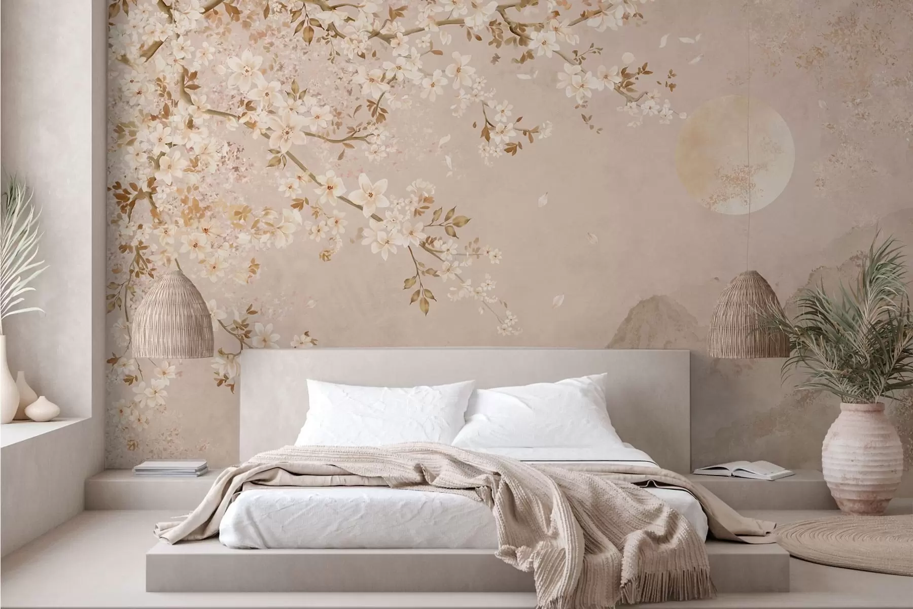 wall murals Светло цветајућа грана изнад магловитих планина и сунца w05695