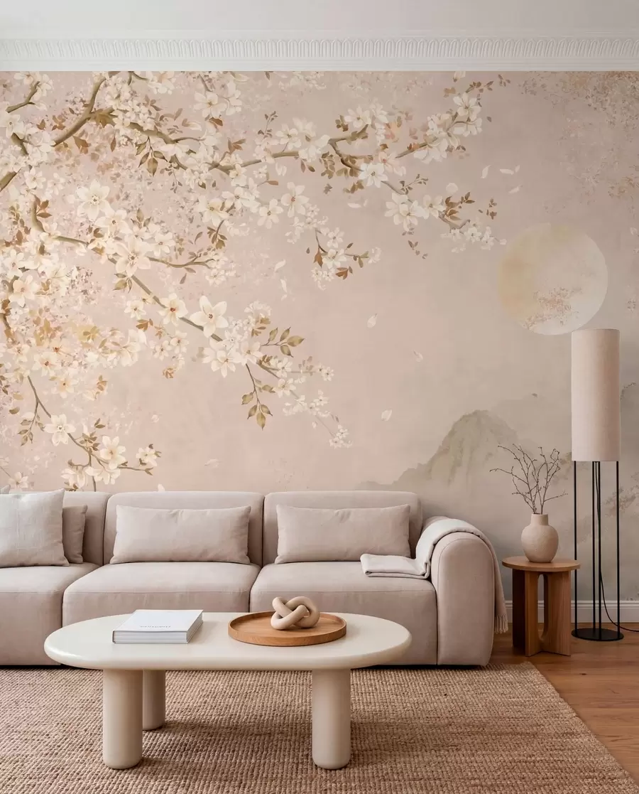 wall murals Светло цветајућа грана изнад магловитих планина и сунца w05695
