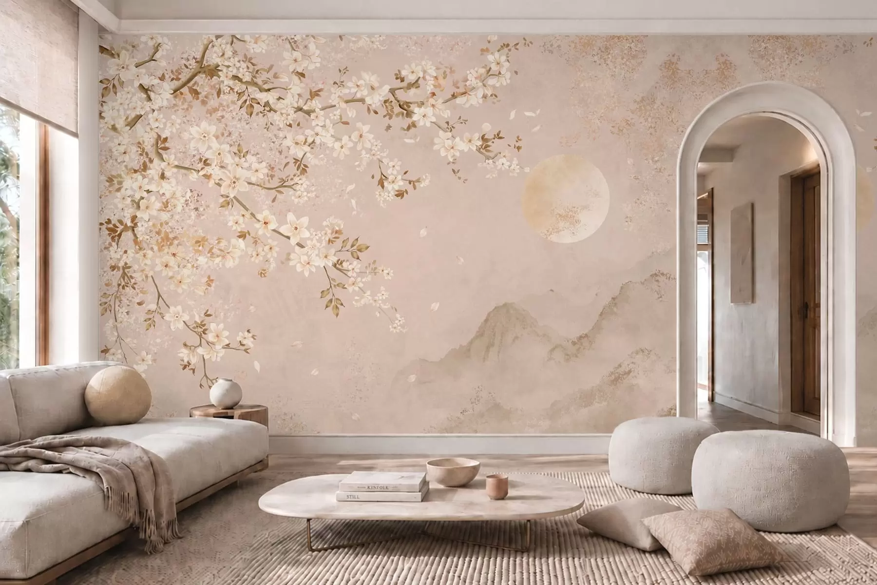 wall murals Светло цветајућа грана изнад магловитих планина и сунца w05695