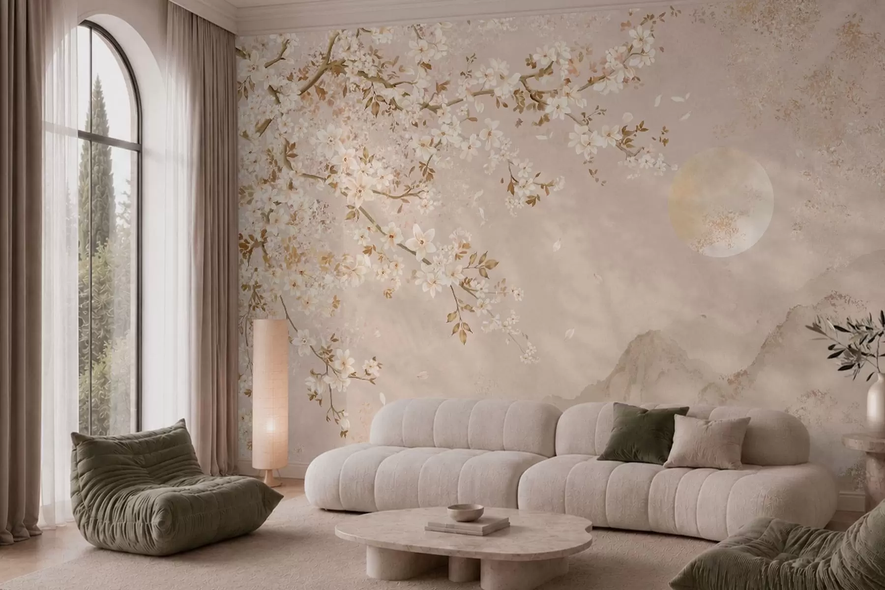 wall murals Светло цветајућа грана изнад магловитих планина и сунца w05695
