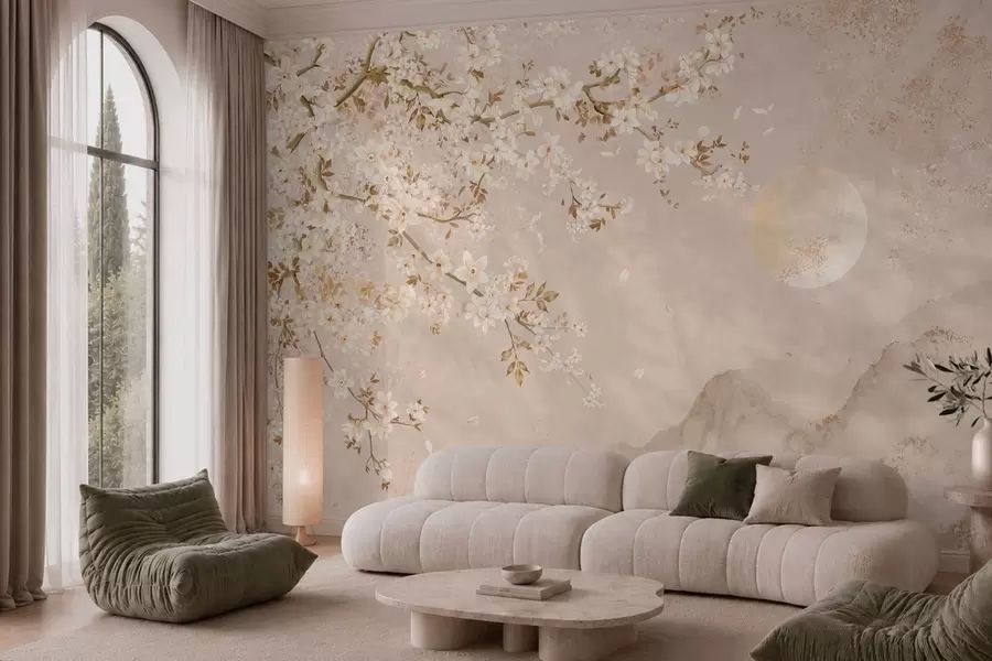 wall murals Светло цветајућа грана изнад магловитих планина и сунца w05695