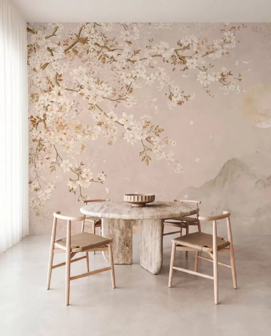 wall murals Светло цветајућа грана изнад магловитих планина и сунца w05695