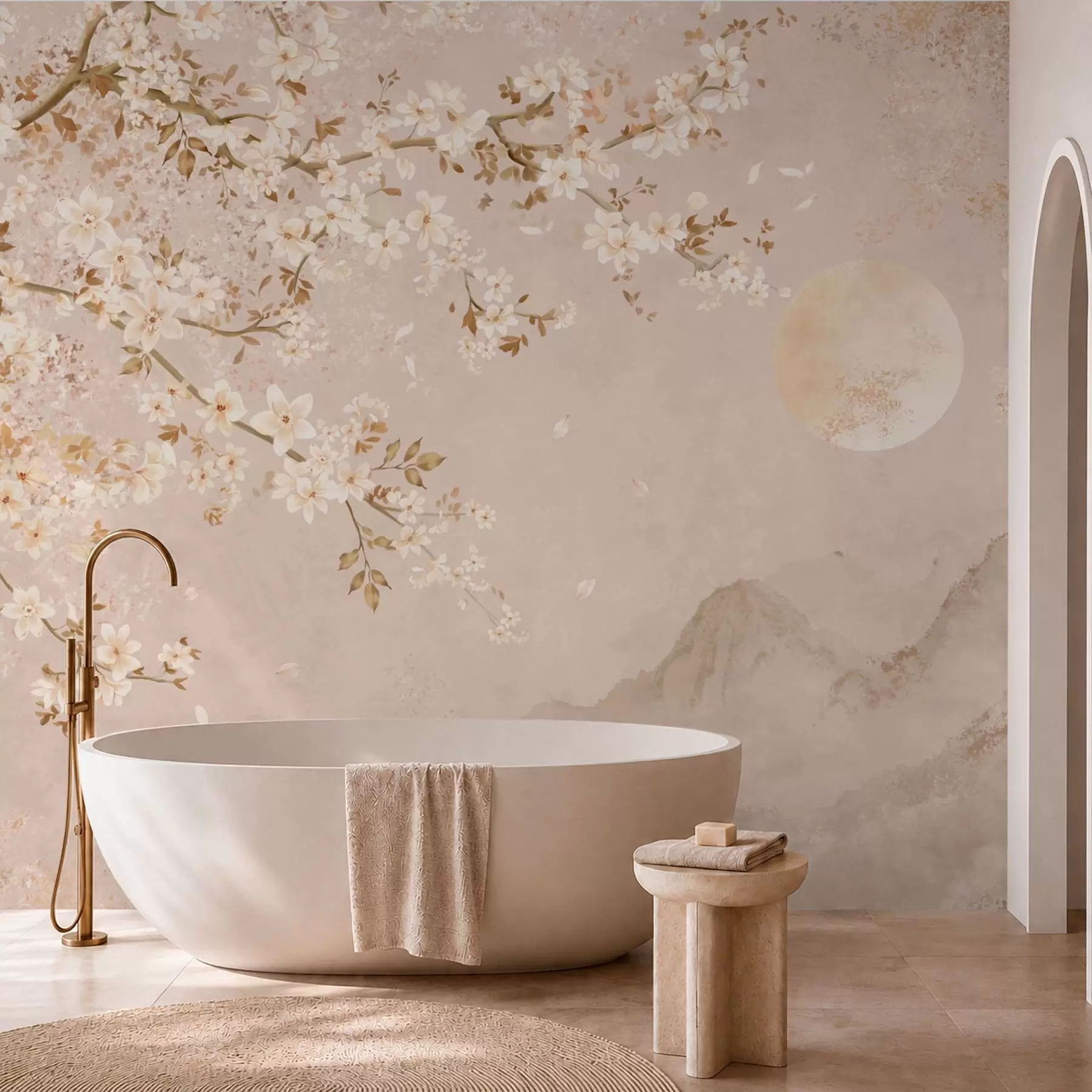 wall murals Светло цветајућа грана изнад магловитих планина и сунца w05695