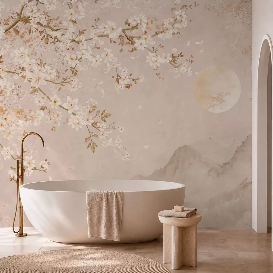 wall murals Светло цветајућа грана изнад магловитих планина и сунца w05695