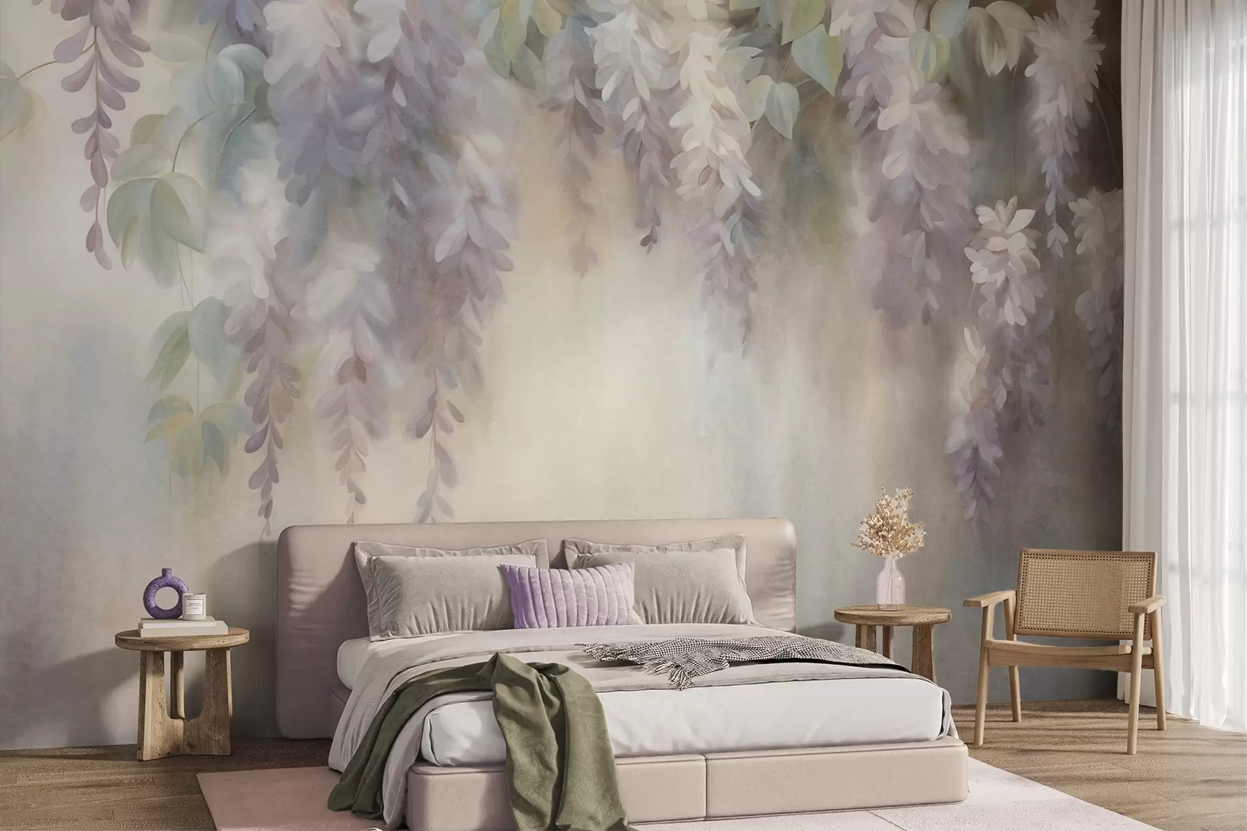 wall murals Текстурирани светло љубичасти цветови глициније висе са зеленим листовима, пастелна позадина w09896
