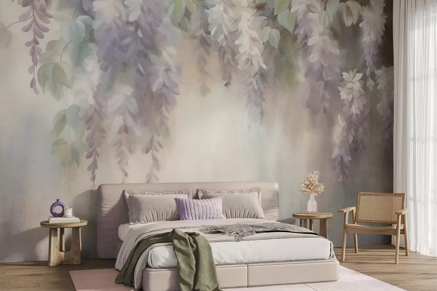 wall murals Текстурирани светло љубичасти цветови глициније висе са зеленим листовима, пастелна позадина w09896
