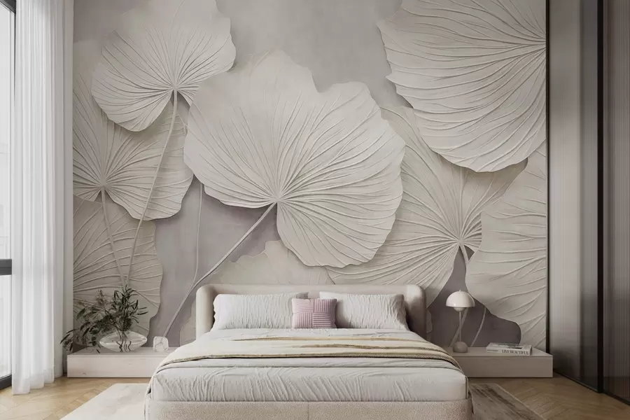 wall murals Велики, текстурирани листови на мекој, пригушеној позадини, минималистичка модерна уметност w09897