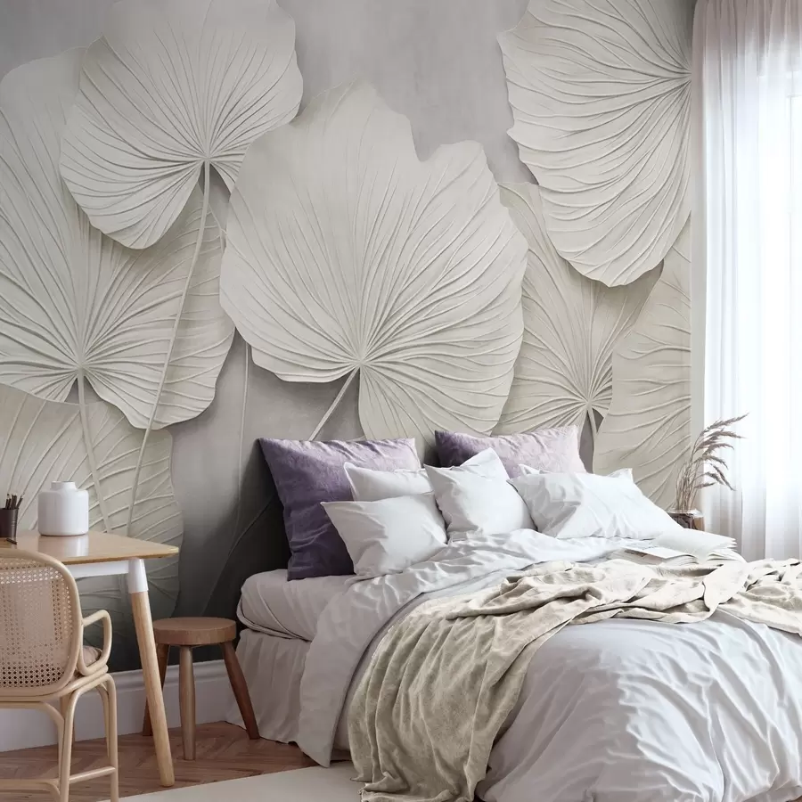 wall murals Велики, текстурирани листови на мекој, пригушеној позадини, минималистичка модерна уметност w09897