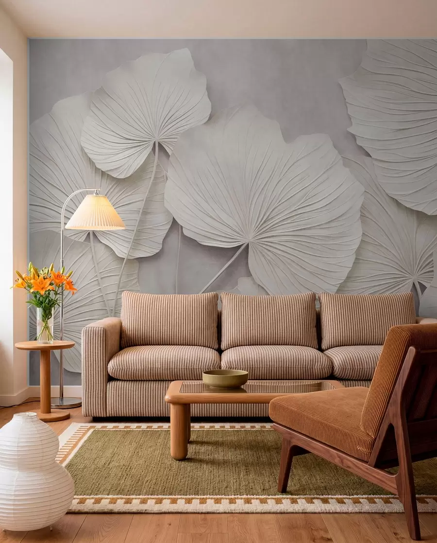 wall murals Велики, текстурирани листови на мекој, пригушеној позадини, минималистичка модерна уметност w09897