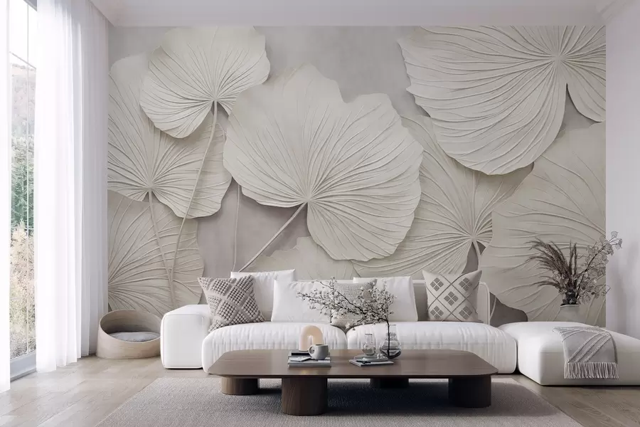 wall murals Велики, текстурирани листови на мекој, пригушеној позадини, минималистичка модерна уметност w09897