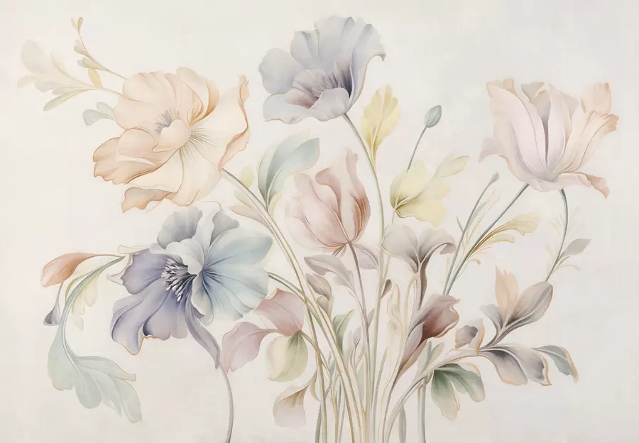 wall murals Нежно цвеће у пастелним нијансама ружичасте, плаве и жуте са зеленим листовима, светла позадина w09898