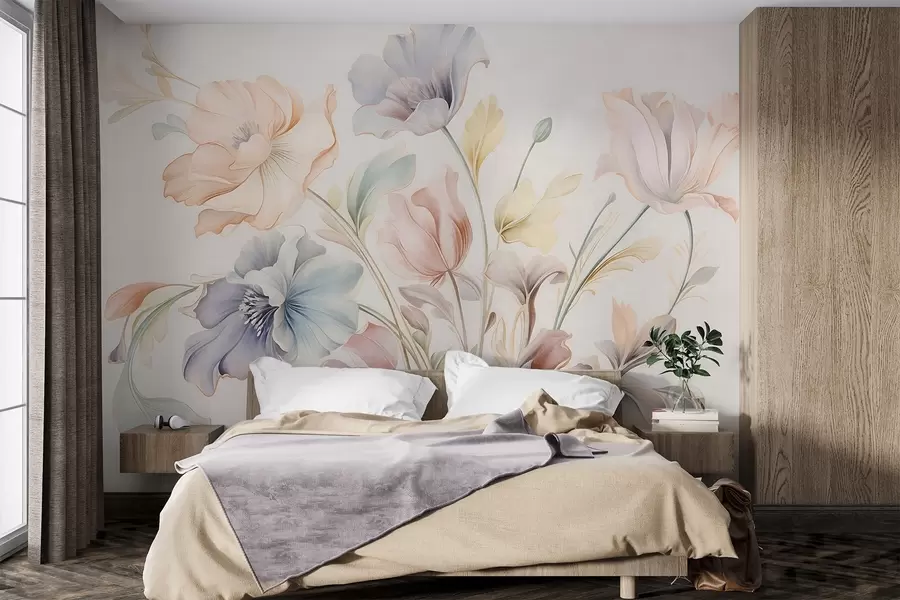 wall murals Нежно цвеће у пастелним нијансама ружичасте, плаве и жуте са зеленим листовима, светла позадина w09898
