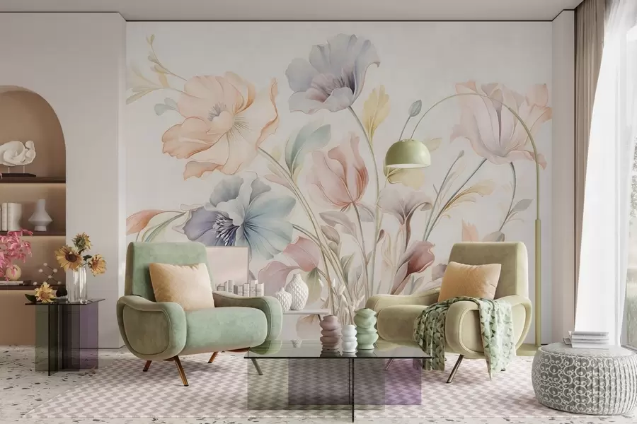 wall murals Нежно цвеће у пастелним нијансама ружичасте, плаве и жуте са зеленим листовима, светла позадина w09898