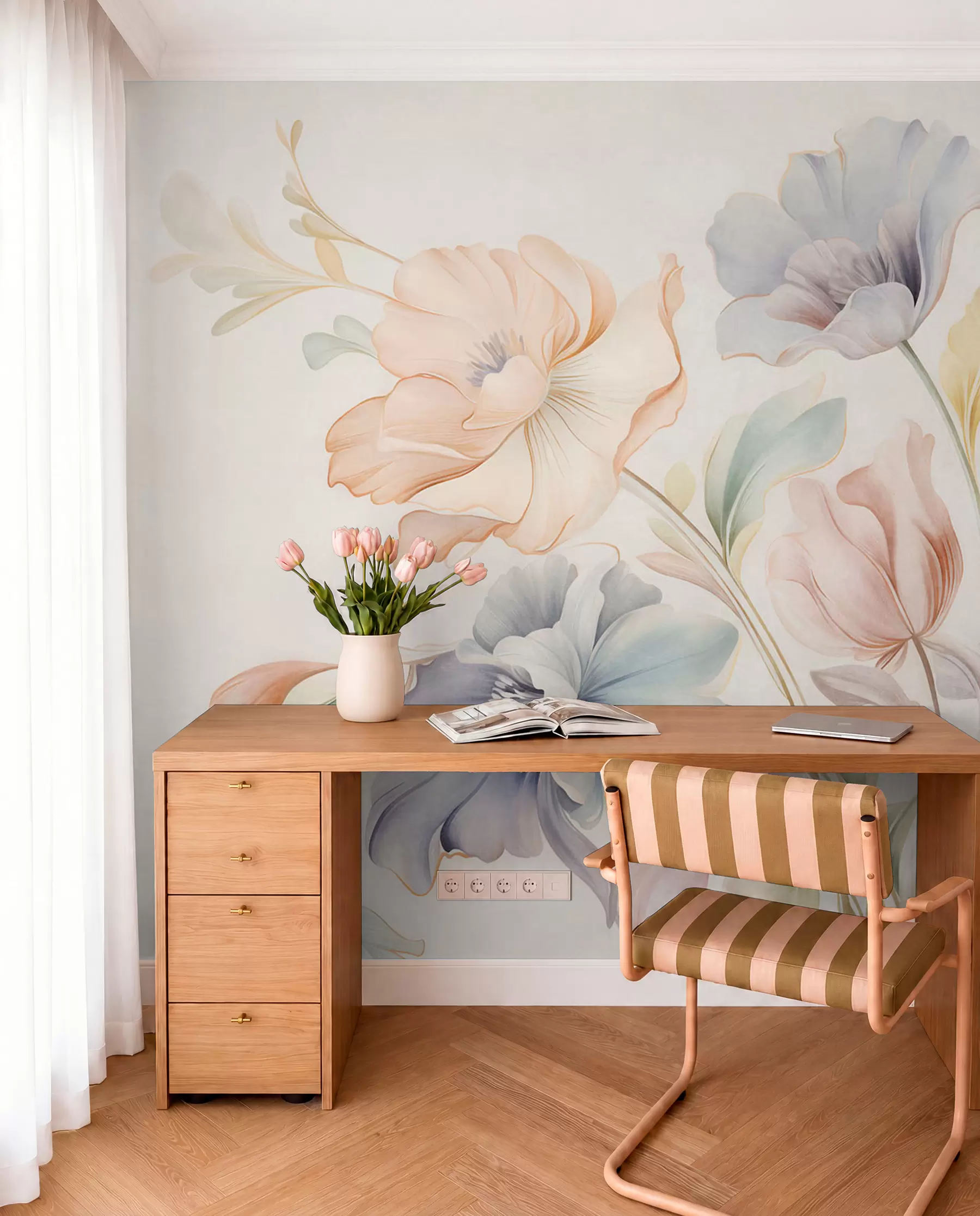 wall murals Нежно цвеће у пастелним нијансама ружичасте, плаве и жуте са зеленим листовима, светла позадина w09898