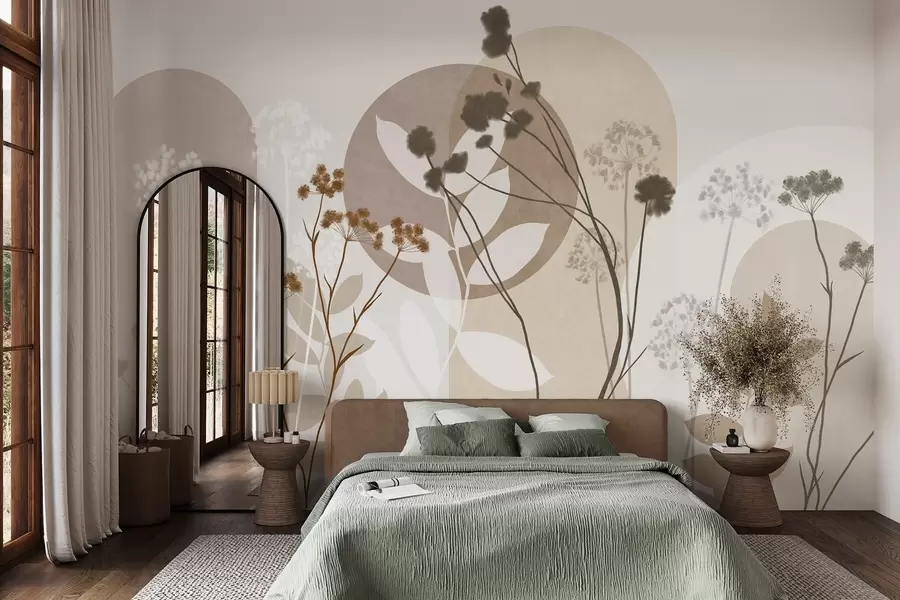 wall murals Ботаничка и минималистичка композиција сушеног цвећа и лишћа са апстрактном геометријом w09906