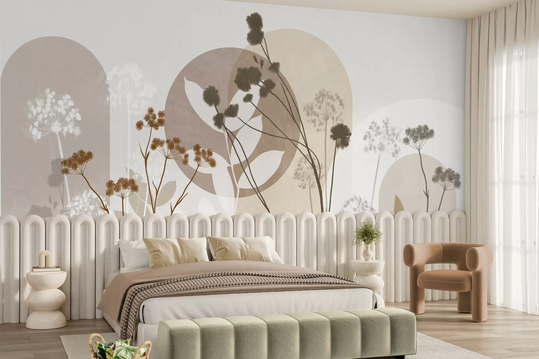 wall murals Ботаничка и минималистичка композиција сушеног цвећа и лишћа са апстрактном геометријом w09906