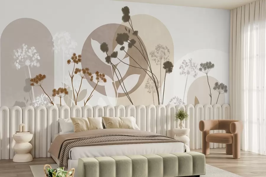 wall murals Ботаничка и минималистичка композиција сушеног цвећа и лишћа са апстрактном геометријом w09906