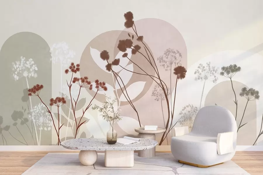 wall murals Ботаничка и минималистичка композиција сушеног цвећа и лишћа са апстрактном геометријом w09906v1