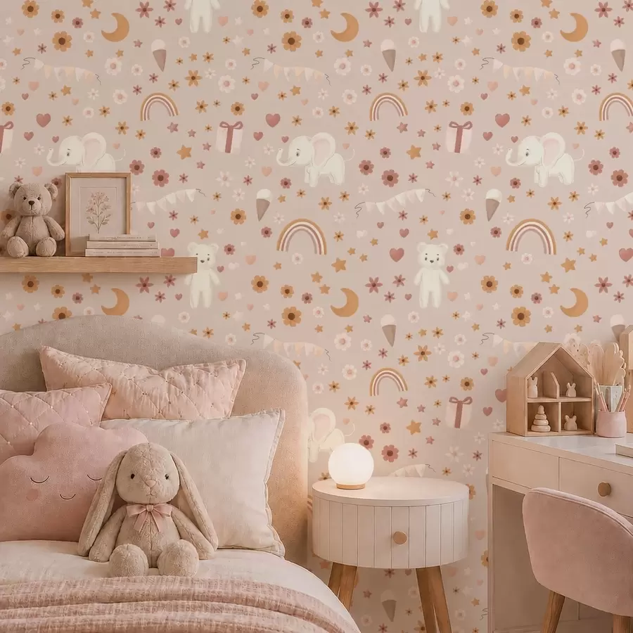 wall murals Дечији узорак са слоном, дугом и цвећем a00433