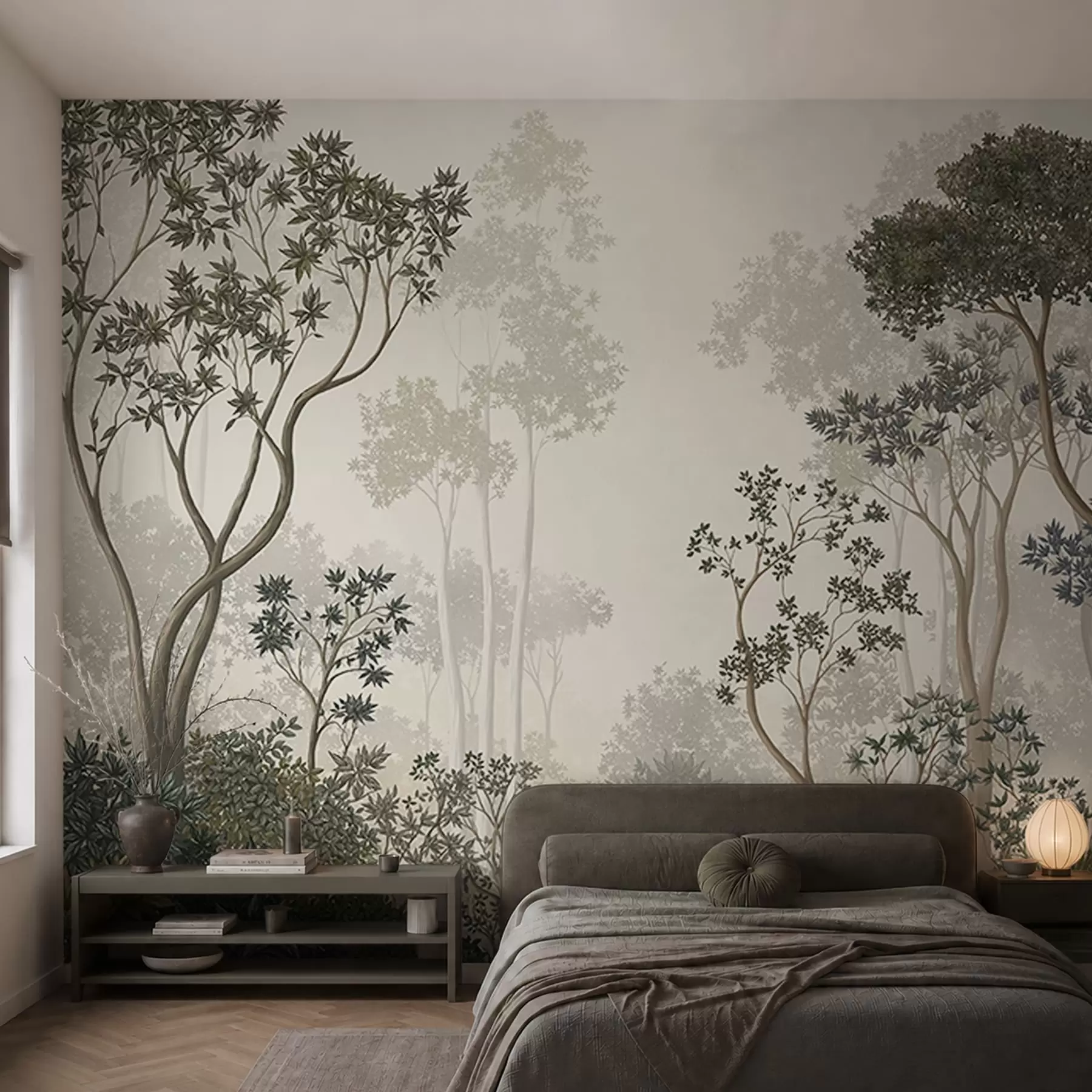 wall murals Магловита шума са дрвећем и мирним воденим путем w05700