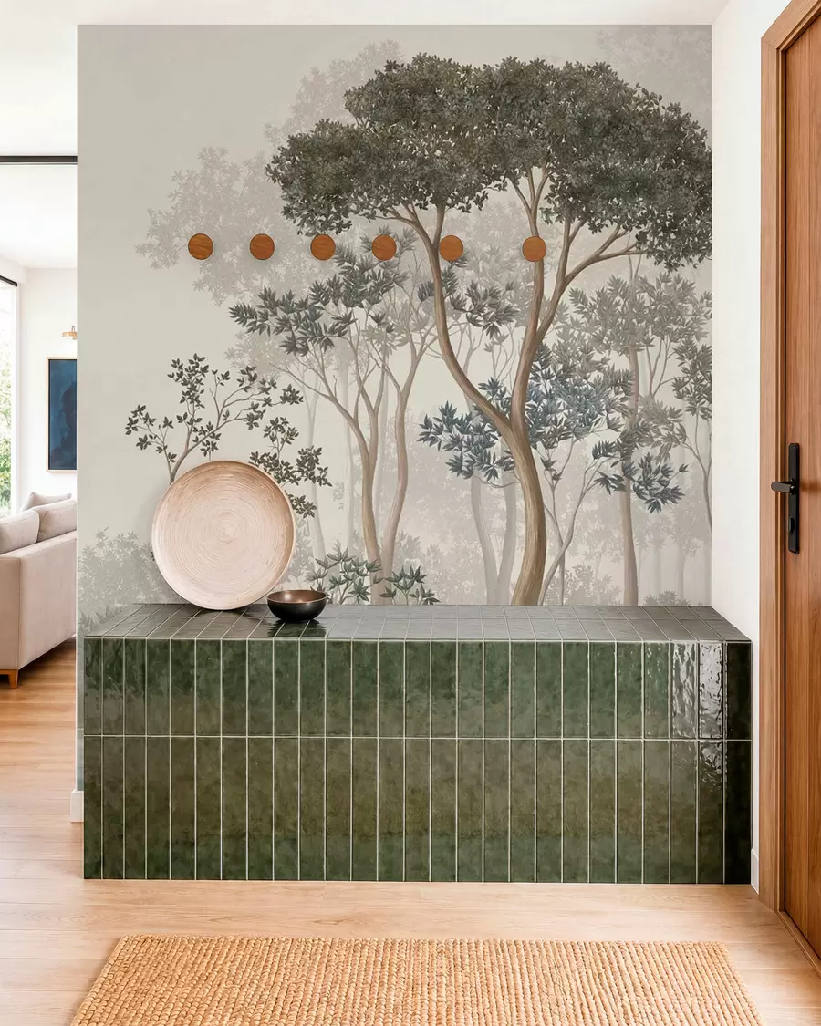wall murals Магловита шума са дрвећем и мирним воденим путем w05700
