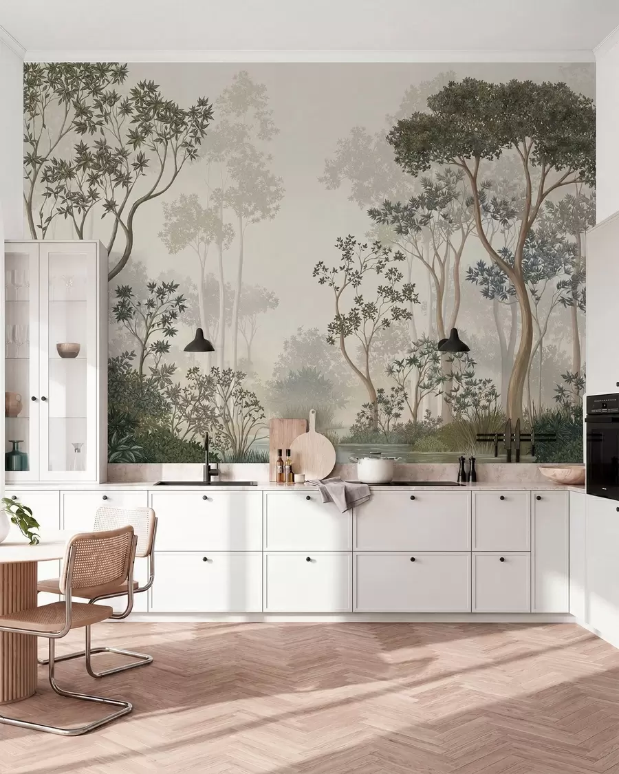 wall murals Магловита шума са дрвећем и мирним воденим путем w05700