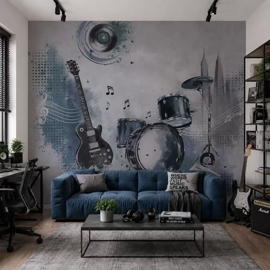 wall murals Гитара и бубњеви са музичким нотама w05546