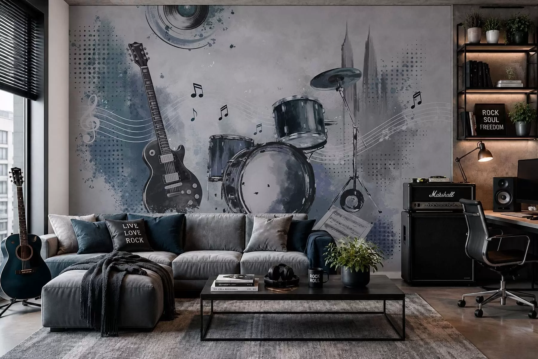 wall murals Гитара и бубњеви са музичким нотама w05546